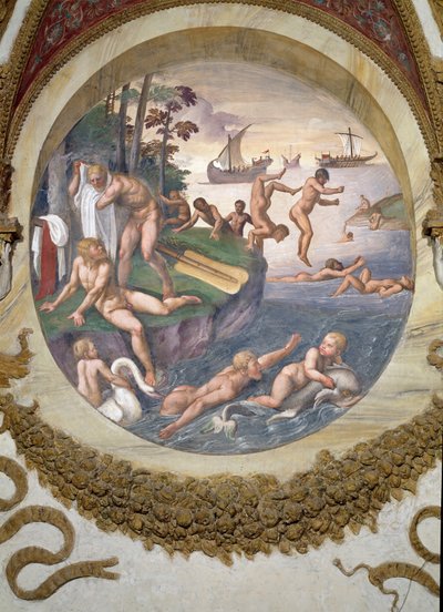 Scene showing that those born under the sign of Aries in conjunction with the constellation of the Ship and Dolphin are imparted with aptitudes for navigation and swimming, symbolised by the ship and by Giulio Romano